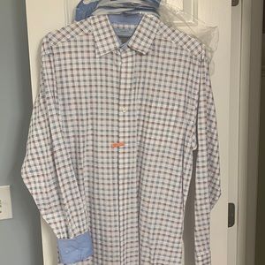 Johnston & Murphy LS shirt size L, white with horizontal and vertical stripes.